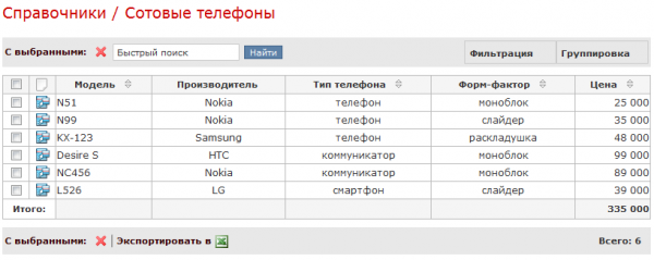 Табличное представление справочника